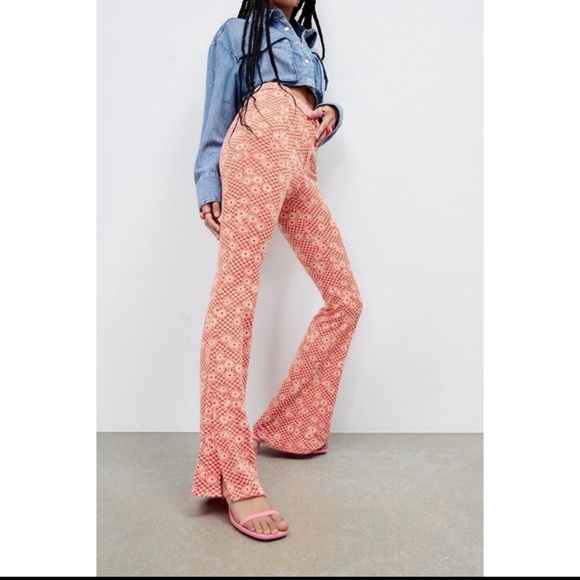 Zara Pants - Zara Orange Pink Checkered Daisy Flower Size Small Flare Pants Women hippie boho